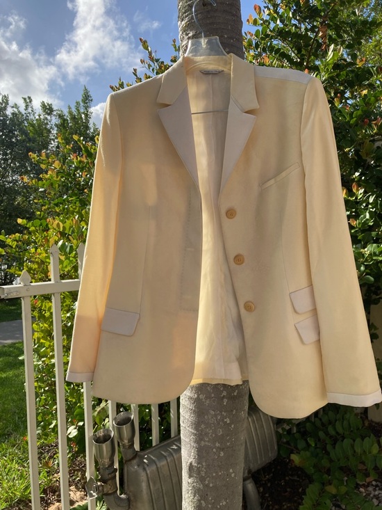 Versace Jackets & Blazers - Versace Cream Satin Jacket with Black Logo Patch